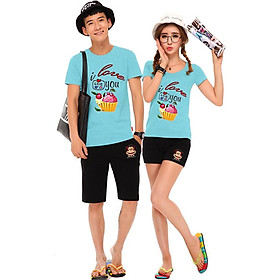 Bộ Áo Thun Đôi Nam Nữ Love Cake Màu Xanh Thiên Thanh