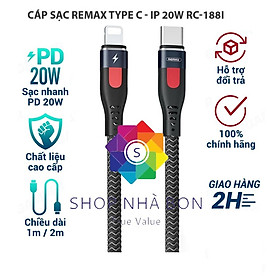 Cáp sạc siêu nhanh Type C to IP dùng cho Iphone, Ipad Remax RC-188i