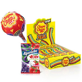 Combo Hè Vui: 32 Dây Kẹo Dẻo Chupa Chups Sour Belt + 10 Que Kẹo Mút Chupa Chups Hương Trái Cây + 65v Alpenliebe 2chew Dâu & Nho
