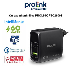 Hình ảnh Củ sạc nhanh 60W PROLiNK PTC26001, 2 cổng USB-A QC 3.0 & USB-C PD 3.0, IntelliSense, dùng cho điện thoại, iPad, Laptop - Hàng chính hãng