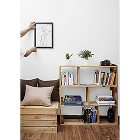 Kệ sách gỗ tự nhiên nhiều ngăn 3 tầng nội thất phòng khách, decor phòng làm việc