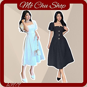 ĐẦM XÒE CỔ VUÔNG GẤM TAY PHỒNG PHỐI NÚT  13984