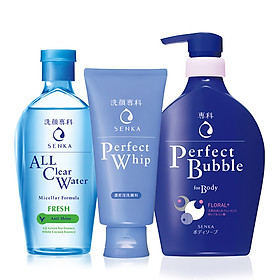 Bộ sản phẩm Senka làm sạch toàn diện (Sữa Tắm Senka Hương Linh Lan & Hoa Nhài 500ml + SRM Senka Perfect Whip 120g + Nước Tẩy Trang Senka Water Fresh 230 ml)