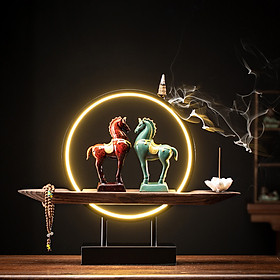 Đế Xông Trầm Tượng Sứ Song Mã – Tượng Ngựa Phong Thủy Cao Cấp, Thác Khói Trầm Hương Trang Trí Sang Trọng Kèm Đèn Led