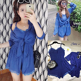 Jumpsuit đùi 2 dây kèm áo sơ mi tay dài Cao Cấp