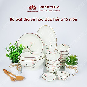 Mua Bộ bát đĩa vẽ hoa đào hồng cao cấp Bát Tràng