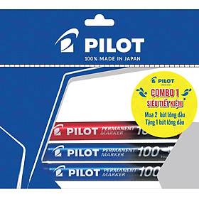 Combo Pilot 01 : 2 Bút Lông Dầu Permanent 100 Mực Xanh + 1 Bút Lông Dầu Permanent 100 Mực Đỏ