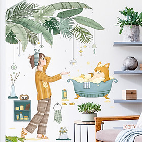 Mua Sticker Giấy Dán Tường Decal Dán tường Tranh Dán Tường Trang Trí Tường Mẫu Cô Gái Và Chú Mèo ZH-1017
