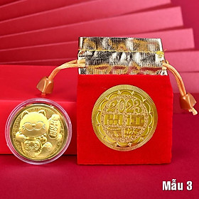 Đồng Xu Con Mèo Vàng kèm túi gấm đỏ 2023 Quý Mão may mắn Như Ý tài lộc - Mẫu 3, Tiền lì xì tết 2023 , NELI