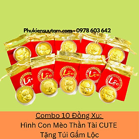Mua Combo 10 Đồng Xu Hình Con Mèo Thần Tài CUTE Tặng Túi Gấm Lộc  đường kính: 4cm  màu vàng - SP005930