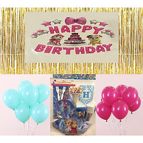 Combo 3 sét trang trí sinh nhật cho bé gái giao chữ HAPPY BIRTHDAY ngẫu nhiên chủ đề nữ hàng băng giá ( Tặng kèm hai đôi đũa trẻ em 20cm gỗ trắc )