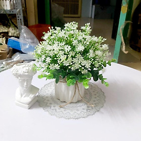 Hoa cỏ nhân tạo, bình hoa baby để bàn, kệ tủ trang trí nhà cửa, chậu sứ mini gân sọc độc đáo (đã cắm sẵn)