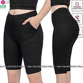 Quần legging nữ Hiền Trần BOUTIQUE nâng mông lưng cạp cao vải thun dày dặn đùi ngố lửng ôm body bó mặc nhà tập gym yoga