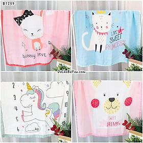 Chăn đắp sợi tre HBQKids 4 lớp bo viền vải xô dùng 4 mùa cho bé KT 110x110cm