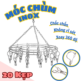 Móc chùm, móc phơi đồ 20 cái kẹp inox không rỉ - Móc phơi đồ trẻ em treo được nhiều đồ - Chịu lực tốt