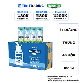 Thùng Sữa Tươi Tiệt Trùng NutiMilk Ít Đường 180ml (Hộp 180ml x 48)