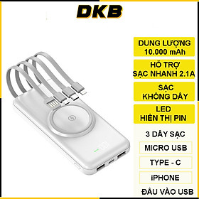 Sạc dự phòng , Pin dự phòng DKB, Dung lượng 10000mAh, Tích hợp sạc không dây, Kèm 4 đầu dây...