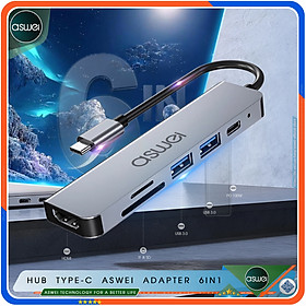 Hub Type C To HDMI ASWEI 6 in 1 Chuẩn HDTV - Hub Chuyển Đổi USB Type-C To HDMI 4K, USB 3.0, Sạc Nhanh PD 100W, Đầu Đọc Thẻ Nhớ SD TF - Bộ Chia USB Kết Nối Tốc Độ Cao - Dành Cho Macbook, Laptop, PC, Máy Tính Bảng, Điện Thoại - Hàng Chính Hãng