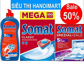 Combo 100 viên rửa bát somat + muối rửa bát somat 1.2kg + Nước làm bóng