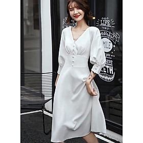 Đầm trắng cổ V nút bọc