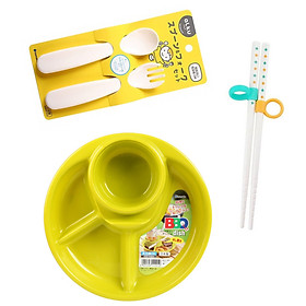 Combo 3 dụng cụ ăn dặm cho bé (khay tròn + thìa dĩa + đũa)