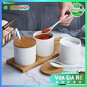 Mua Green House - Set 3 Lọ Đựng Gia Vị  Cốc Sứ có nắp  Hũ Đựng Gia Vị Kèm Thìa Decor Bếp