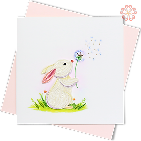 Thiệp Giấy Xoắn Nghệ Thuật - Chú Thỏ Trắng & Hoa Bồ Công Anh - White Bunny Blowing Dandelion - Animals - 15 x 15 - VN2XM115D89NN