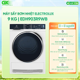 [Free Giao lắp] Máy sấy bơm nhiệt Electrolux Heat Pump 9kg EDH903R9WB - Bảo vệ sợi vải, giảm 50% điện năng, tránh co rút và biến dạng, kết nối Wifi [Hàng chính hãng]