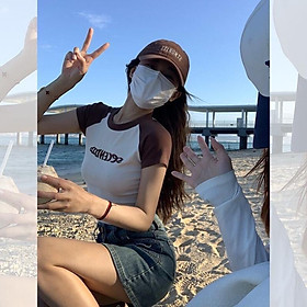 Áo Croptop Tay Ngắn Nữ Thêu Chữ SECEN Ôm Body ️Áo Thun Ngắn Phối Viền Tay Siêu Đẹp - Be