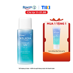 Kem chống nắng nâng tông Skin Aqua Tone up Blue cho da vàng có khuyết điểm đỏ, dạng sữa Sunplay Skin Aqua Tone Up UV Milk Blue SPF 50+ PA++++ 50g
