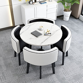 Bộ bàn ăn tròn cao cấp gỗ tự nhiên tiết kiệm diện tích kèm 4 ghế da