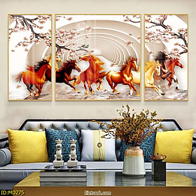 Mua Tranh Canvas Bộ 3 Bức Phong Thủy - Tranh Đàn Ngựa Phi Dũng Mãnh Cao Cấp