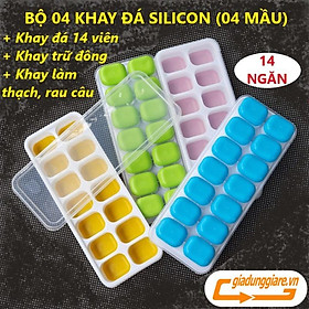 Mua Khay đá silicon (14 ngăn   4 mầu) có nắp đậy không dính mùi thực phẩm (Set 04 )