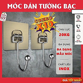 COMBO 10 Móc Dán Tường Inox 304 Loại 1 Chân Chịu Lực Đến 20kg Kèm Miếng Dán Tráng Bạc Siêu Dính, Móc Dán Chịu Lực Loại Tốt