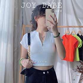 Áo thun croptop cổ bẻ kéo khóa JOY BABE thun xịn co giãn 4 chiều  crop polo trơn basic cam xanh lá sáng da CRON 14 -4E