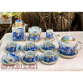 Mua Bộ ấm chén Bát Tràng bọc đồng men lam tích Trúc Lâm Thất Hiền