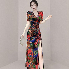 HÀNG NHẬP - ĐẦM BODY THUN LƯỚI HỌA TIẾT LÔNG CÔNG