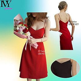 Đầm thiết kế tuyết mưa cao cấp đỏ đen hai dây xòe midi hở lưng ivy.fashion đi biển dự tiệc dạo phố bigsize gợi cảm