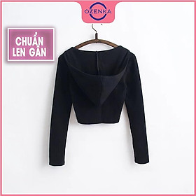 Áo croptop tay dài có mũ nữ OZENKA , crt ôm body đẹp len gân 100% cotton màu đen trắng freesize dưới 50 kg