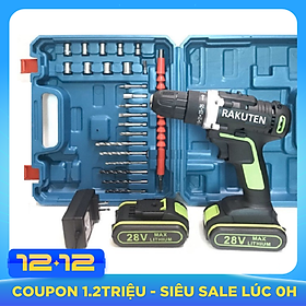 Bộ máy khoan pin RAKUTEN 28V khoan tường, khoan sắt, khoan bê tông máy 2 pin, đảo chiều và mũi khoan