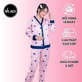 Đồ bộ pyjama nữ, đồ mặc nhà cao cấp VILADY - B103 kiểu cổ V tay dài quần dài họa tiết chấm Bi màu hồng, chất liệu lụa Pháp ( lụa latin) siêu mát