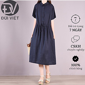 Đầm váy sơ mi nữ thắt eo dáng dài phong cách công sở Đũi Việt DV37