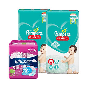 Combo 2 Tã Quần Pampers Giữ Dáng Mới Gói Đại Size M60 120 Miếng - Tặng Whisper Cotton Có Cánh Ngày Nhiều Và Đêm 28cm - 8 Miếng