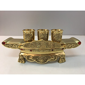 Hình ảnh Đồ thờ cúng bằng đồng, Bộ Khay chén 3 đồng vàng ( ly chén có khắc hoa sen ) đồng chính hãng 