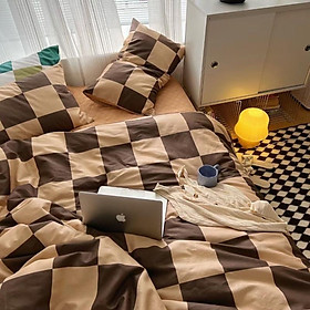Bộ Chăn Ga Gối Cotton Living Hàng Nhập Khẩu Cao Cấp 4 Món Ô Vuông sen màu