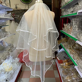 Voan cô dâu  trắng kem có sẵn lược cài viền vải đính hạt trai mẫu bán chạy 2020 giangpkc