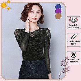 Hàng Quảng Châu - Áo kiểu thu đông thun kim tuyến phối ren siêu sang - A24185