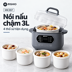 Nồi nấu chậm lòng sứ 3L Mishio MK397 kèm xửng hấp và 4 thố sứ tiện lợi không lo cháy khét hay bong tróc chống dính - Hàng chính hãng