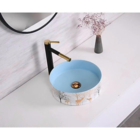 Mua Chậu sứ tròn lavabo để bàn màu trắng xanh họa tiết hươu nai