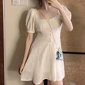 Váy tiểu thư trắng sữa cổ vuông đính hạt vintage